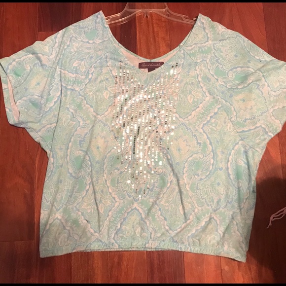 Turquoise design blouse with sequins - Picture 3 of 5